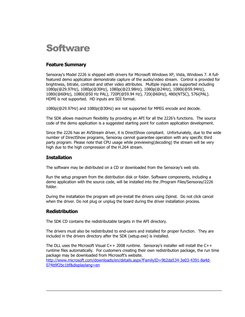 Software, Feature summary, Installation | Redistribution | Sensoray 2224 Windows User Manual | Page 7 / 94