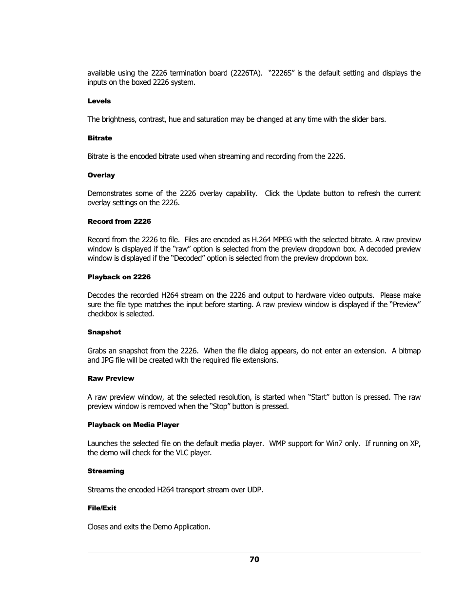 Levels, Bitrate, Overlay | Record from 2226, Playback on 2226, Snapshot, Raw preview, Playback on media player, Streaming, File/exit | Sensoray 2224 Windows User Manual | Page 70 / 94