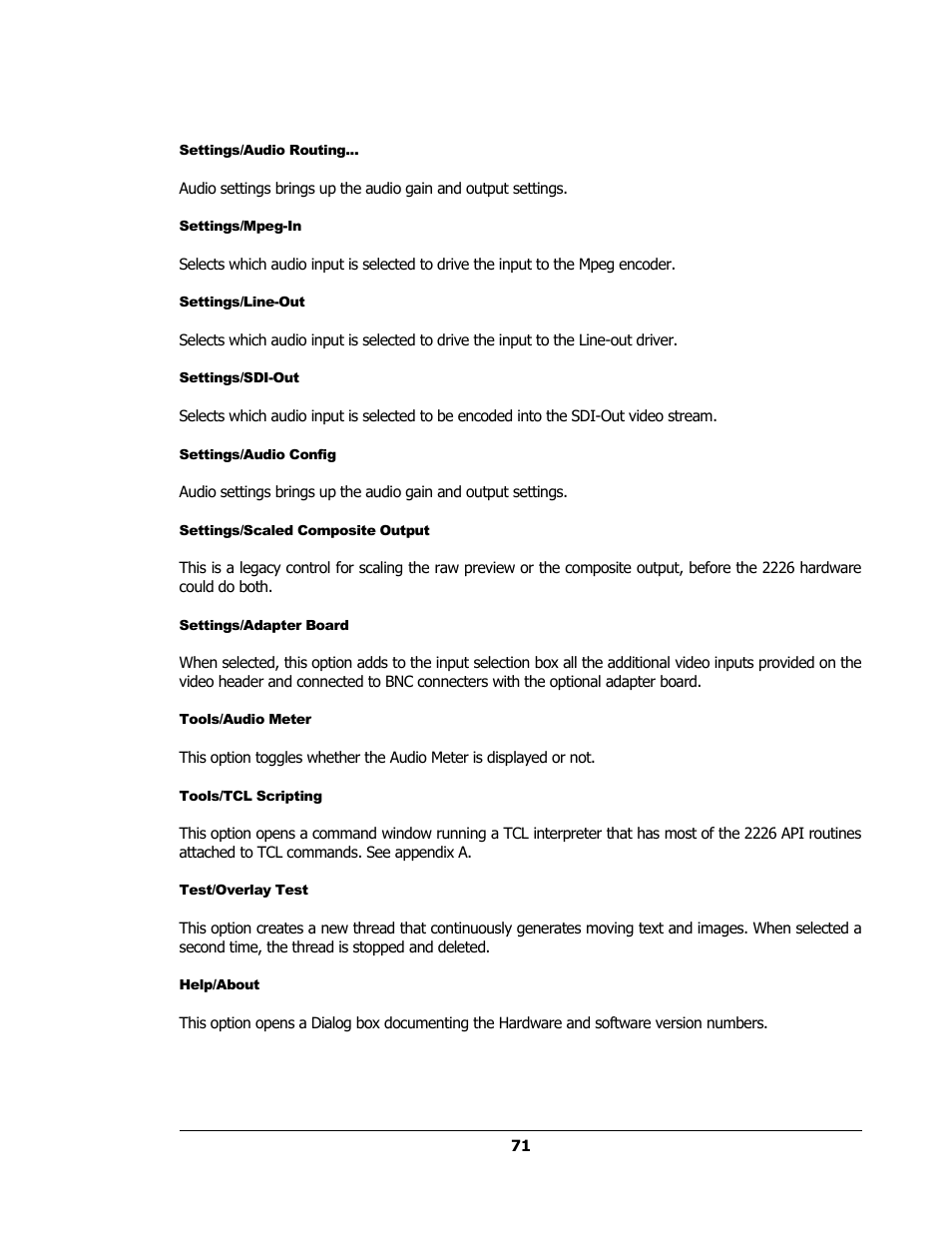 Settings/audio routing, Settings/mpeg-in, Settings/line-out | Settings/sdi-out, Settings/audio config, Settings/scaled composite output, Settings/adapter board, Tools/audio meter, Tools/tcl scripting, Test/overlay test | Sensoray 2224 Windows User Manual | Page 71 / 94