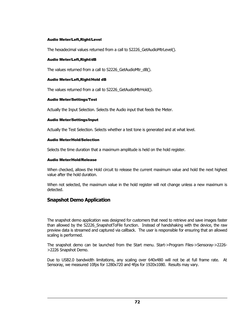 Audio meter/left,right/level, Audio meter/left,right/db, Audio meter/left,right/hold db | Audio meter/settings/test, Audio meter/settings/input, Audio meter/hold/selection, Audio meter/hold/release, Snapshot demo application | Sensoray 2224 Windows User Manual | Page 72 / 94