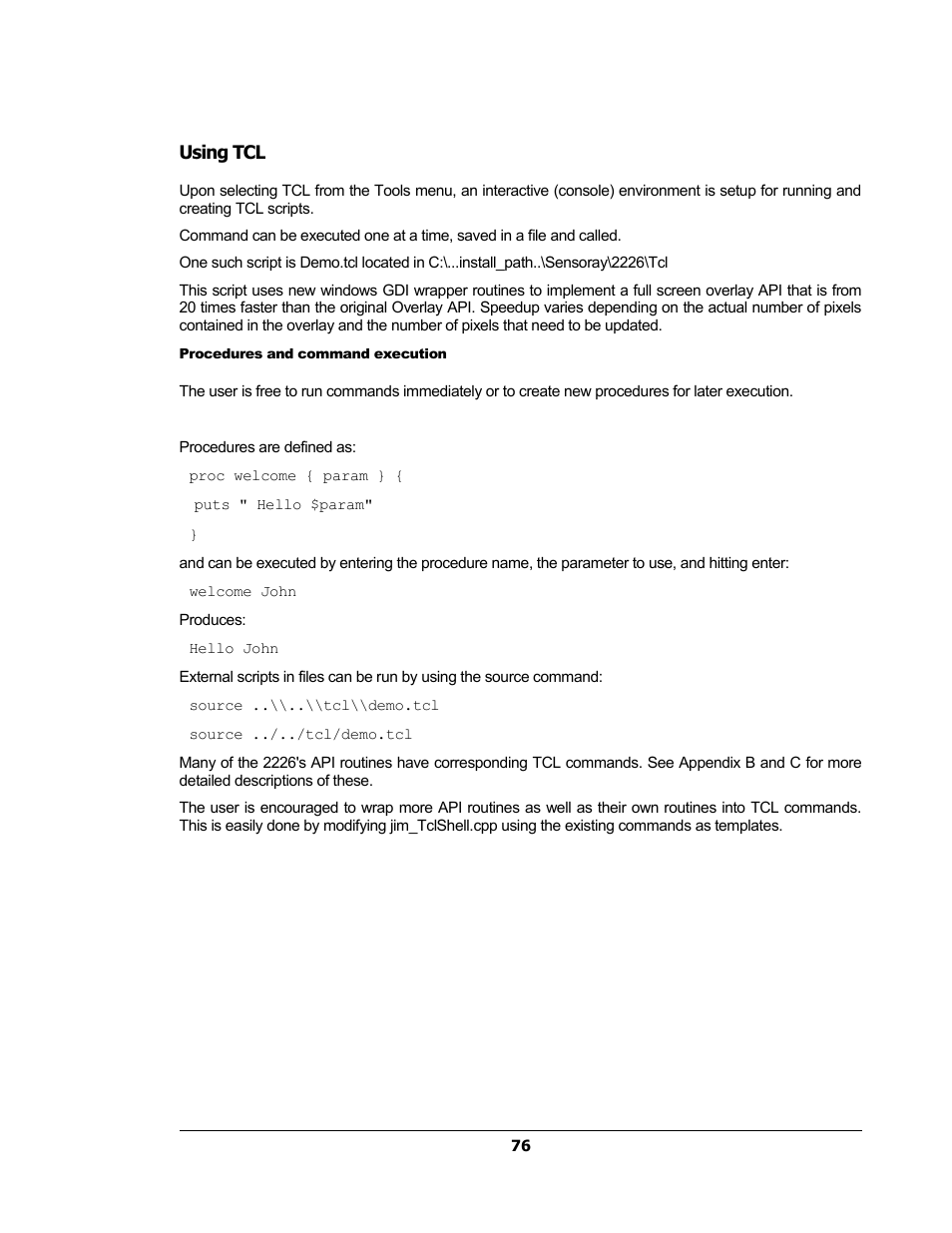 Using tcl, Procedures and command execution | Sensoray 2224 Windows User Manual | Page 76 / 94
