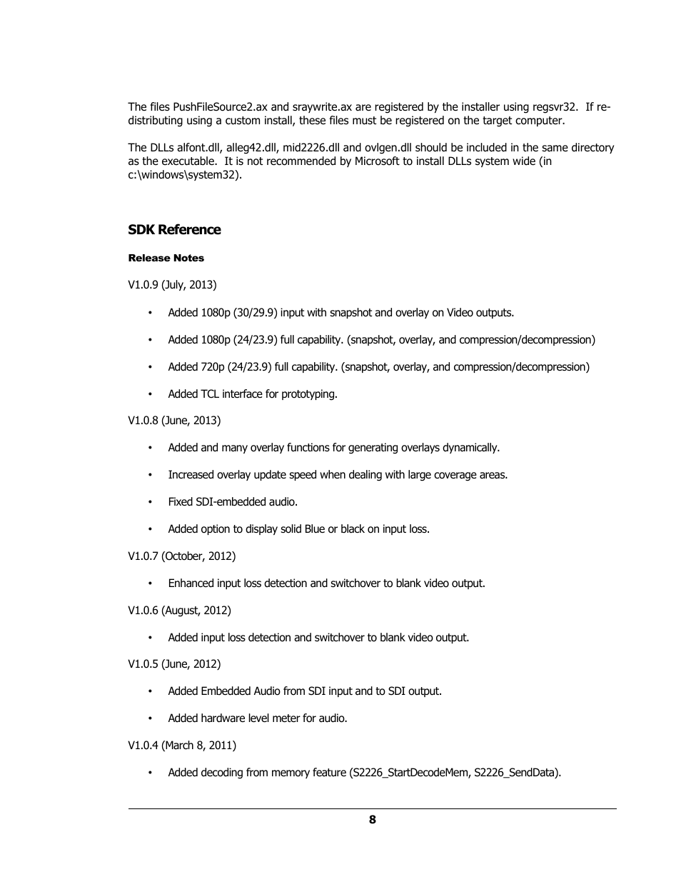 Sdk reference, Release notes | Sensoray 2224 Windows User Manual | Page 8 / 94