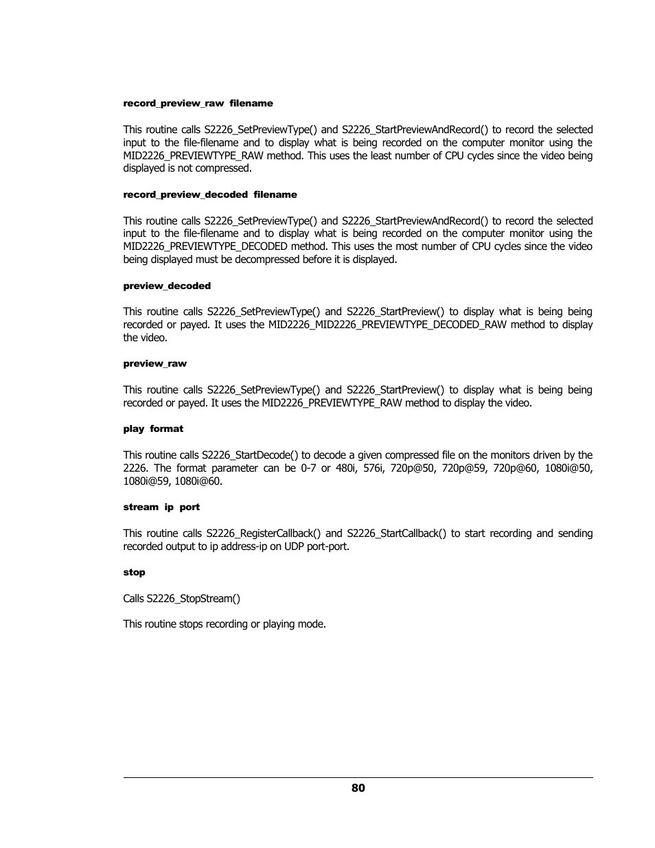 Record_preview_raw filename, Record_preview_decoded filename, Preview_decoded | Preview_raw, Play format, Stream ip port, Stop | Sensoray 2224 Windows User Manual | Page 80 / 94