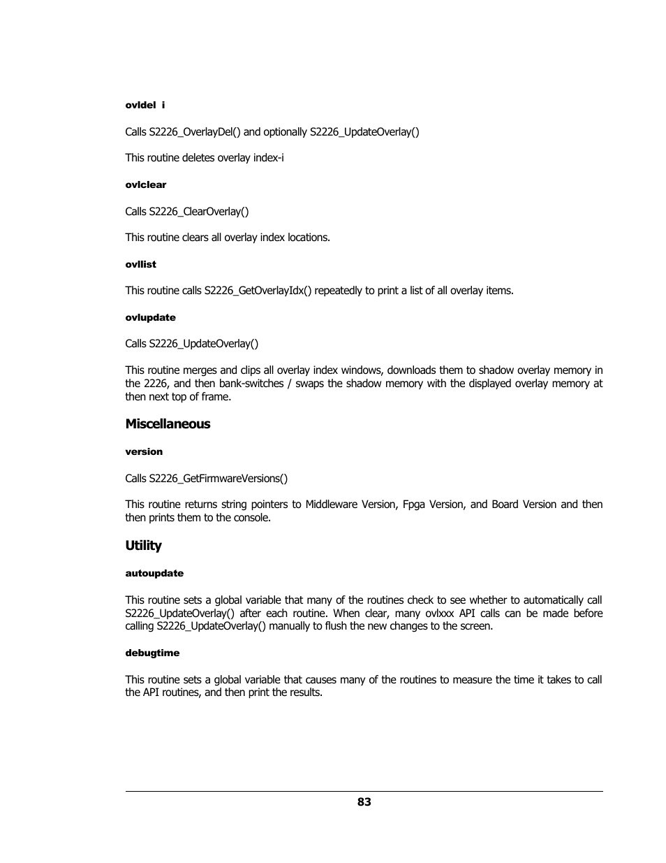 Ovldel i, Ovlclear, Ovllist | Ovlupdate, Miscellaneous, Version, Utility, Autoupdate, Debugtime | Sensoray 2224 Windows User Manual | Page 83 / 94