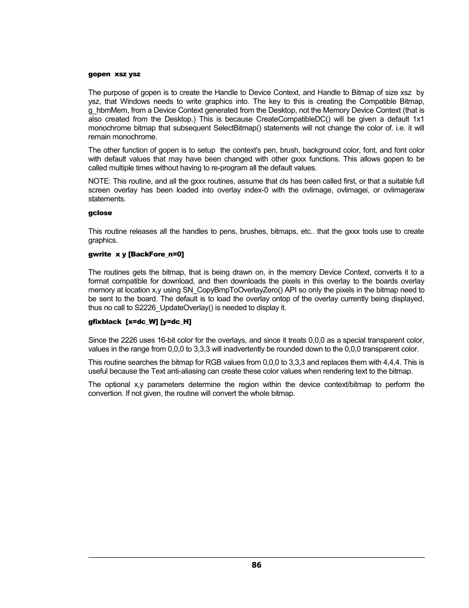 Gopen xsz ysz, Gclose, Gwrite x y [backfore_n=0 | Gfixblack [x=dc_w] [y=dc_h | Sensoray 2224 Windows User Manual | Page 86 / 94