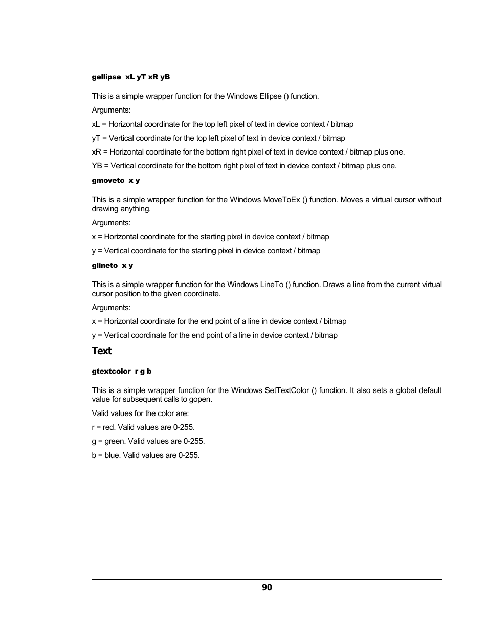 Gellipse xl yt xr yb, Gmoveto x y, Glineto x y | Text, Gtextcolor r g b | Sensoray 2224 Windows User Manual | Page 90 / 94