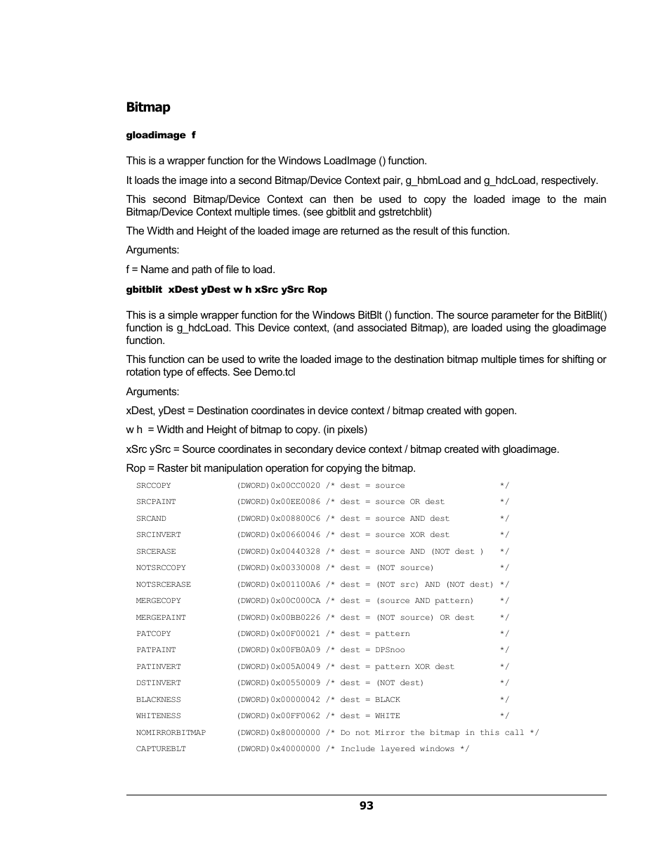 Bitmap, Gloadimage f, Gbitblit xdest ydest w h xsrc ysrc rop | Sensoray 2224 Windows User Manual | Page 93 / 94