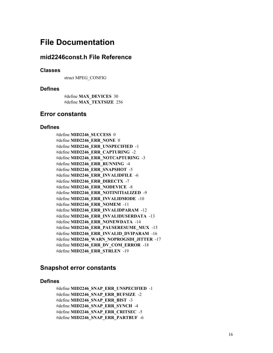 File documentation, Mid2246const.h file reference, Classes | Defines, Error constants, Snapshot error constants | Sensoray 2246 User Manual | Page 16 / 50