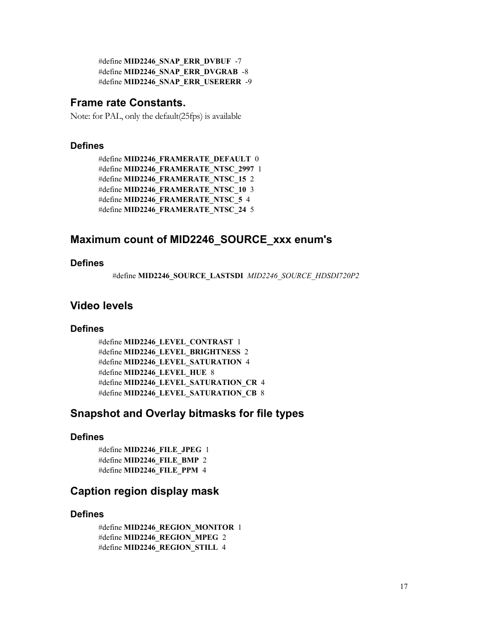 Frame rate constants, Defines, Maximum count of mid2246_source_xxx enum's | Video levels, Snapshot and overlay bitmasks for file types, Caption region display mask | Sensoray 2246 User Manual | Page 17 / 50