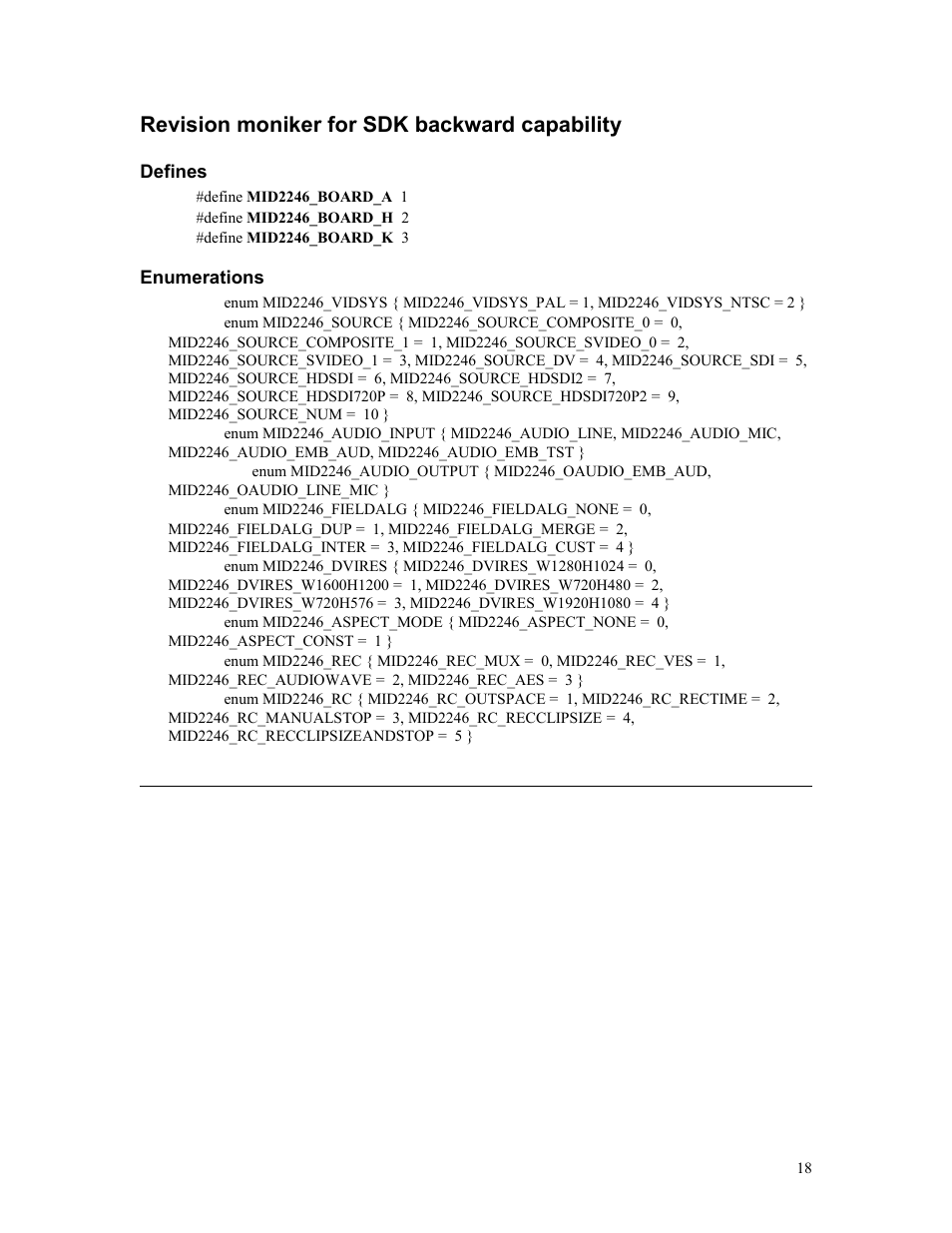 Revision moniker for sdk backward capability, Defines, Enumerations | Sensoray 2246 User Manual | Page 18 / 50