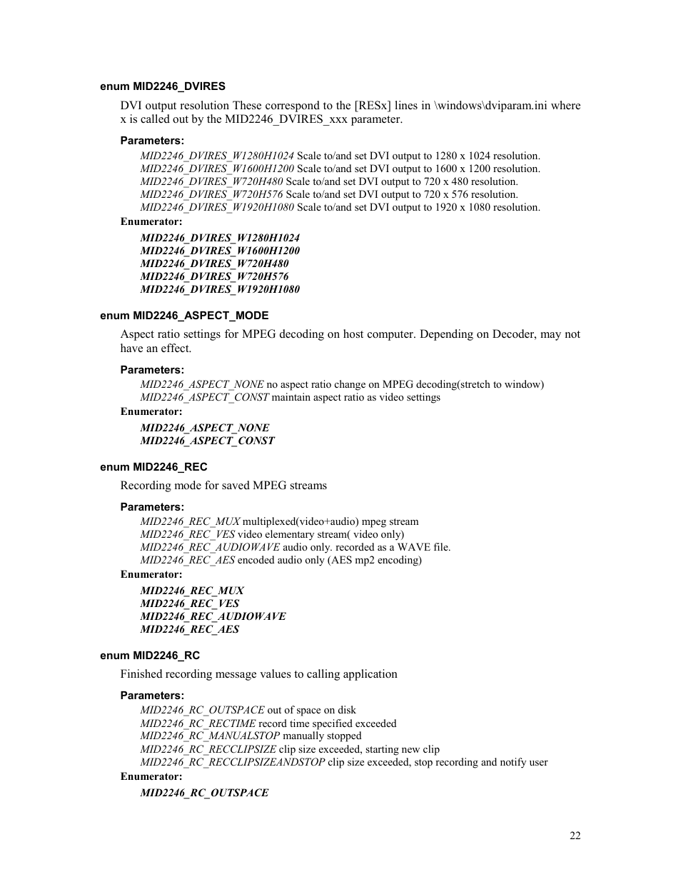 Enum mid2246_dvires, Parameters, Enum mid2246_aspect_mode | Enum mid2246_rec, Enum mid2246_rc | Sensoray 2246 User Manual | Page 22 / 50
