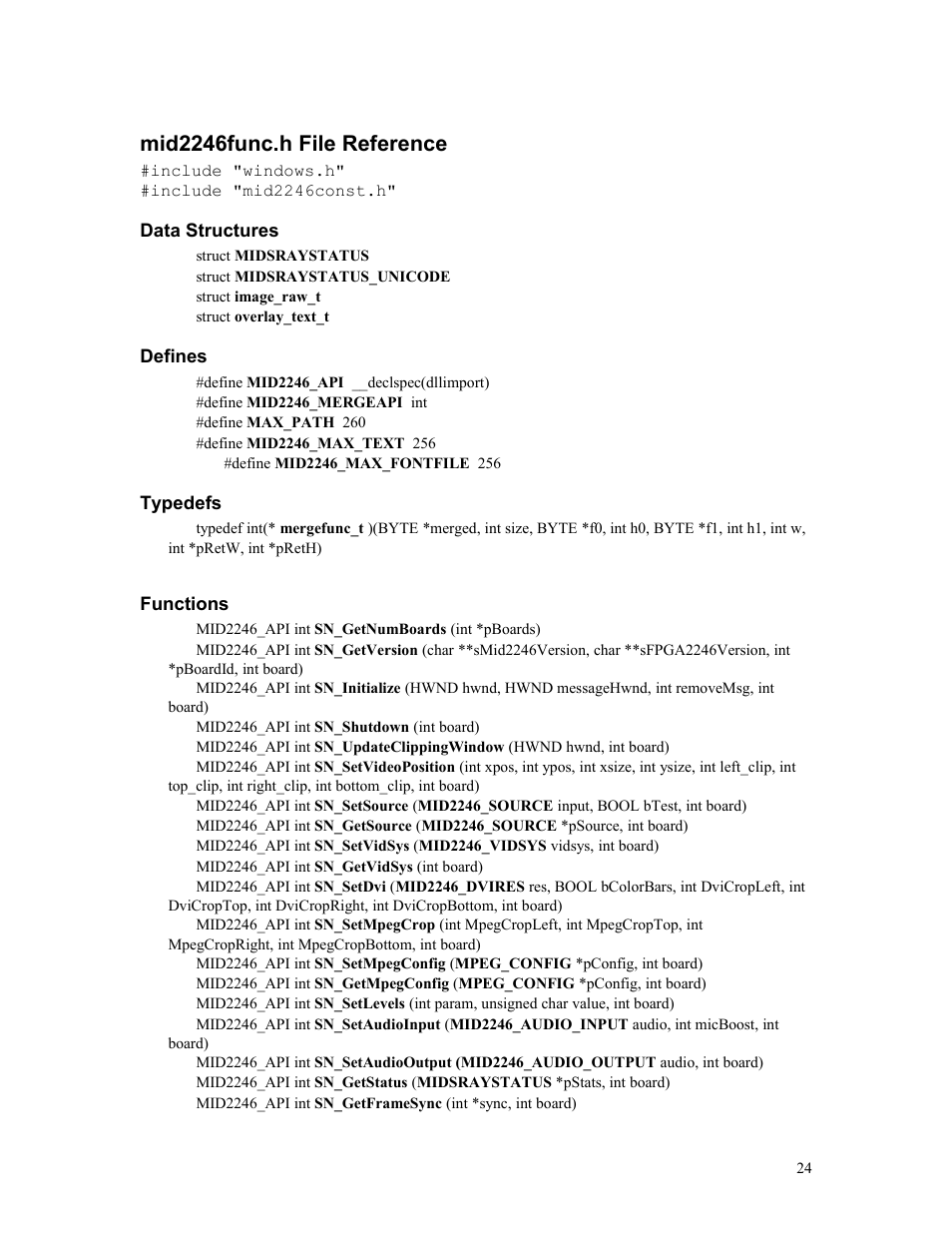 Mid2246func.h file reference, Data structures, Defines | Typedefs, Functions | Sensoray 2246 User Manual | Page 24 / 50