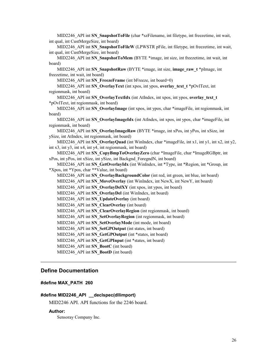 Define documentation, Define max_path 260, Define mid2246_api __declspec(dllimport) | Author, Define max_path, Define mid2246_api, Declspec(dllimport) | Sensoray 2246 User Manual | Page 26 / 50