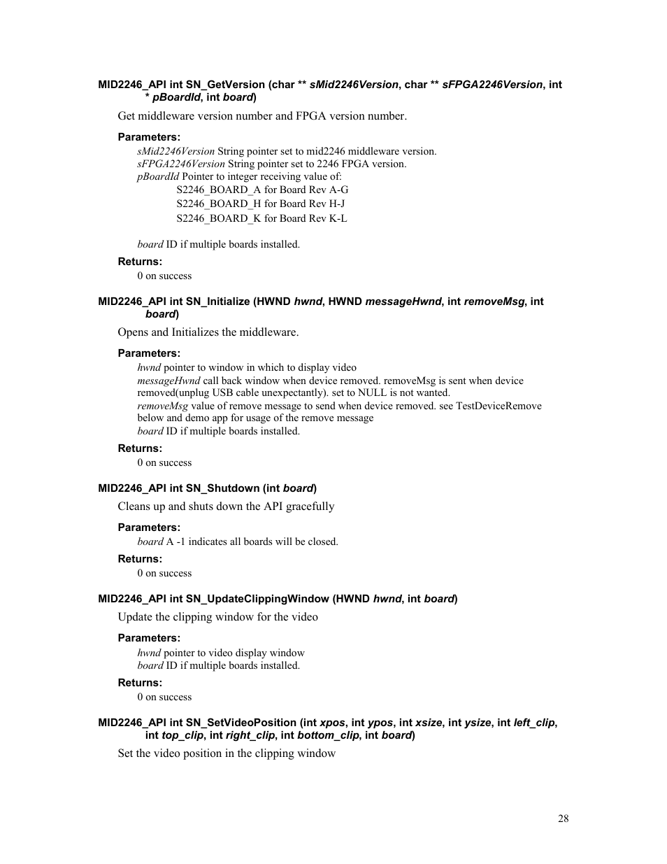 Parameters, Returns, Mid2246_api int sn_shutdown (int board) | Sensoray 2246 User Manual | Page 28 / 50