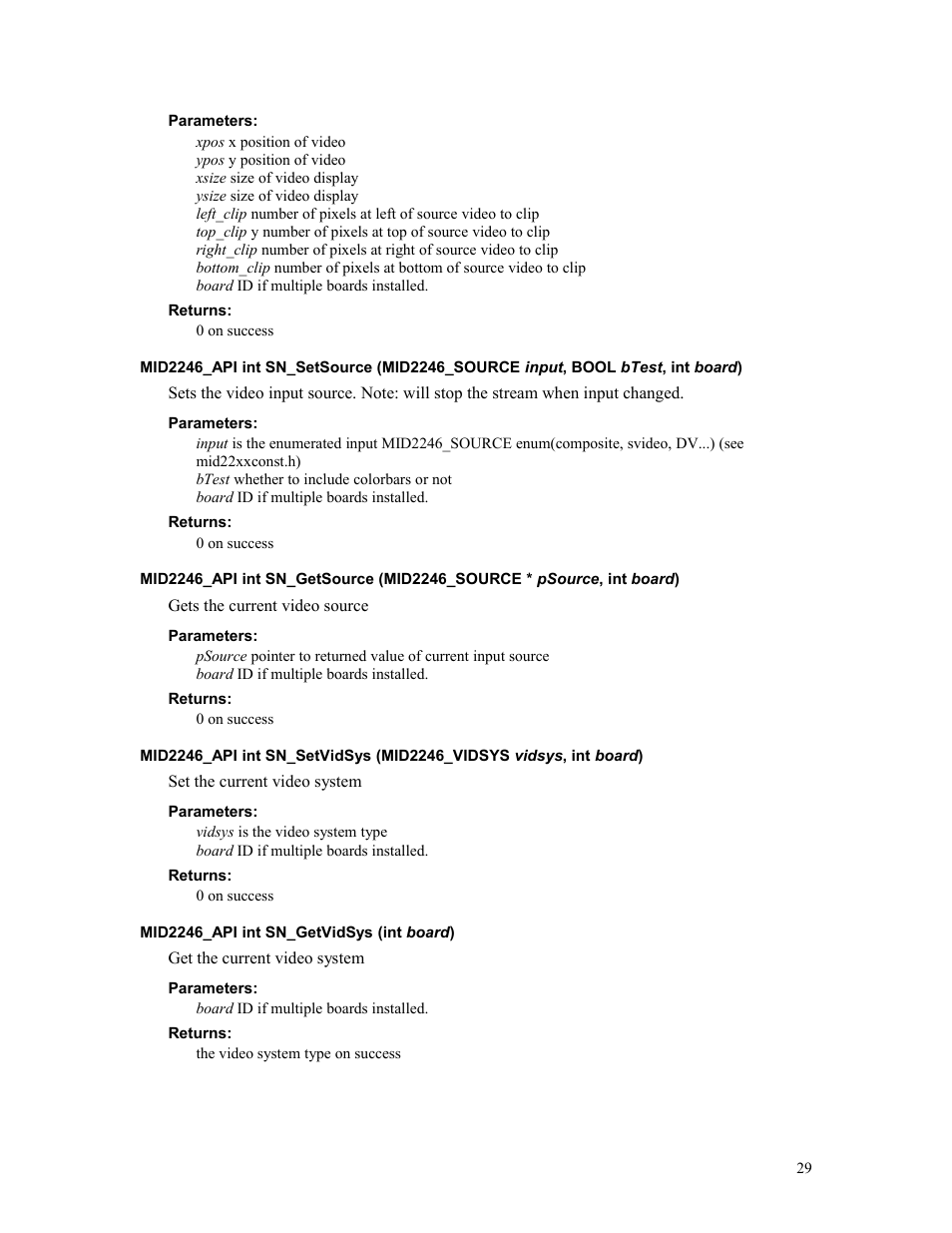 Parameters, Returns, Mid2246_api int sn_getvidsys (int board) | Sensoray 2246 User Manual | Page 29 / 50