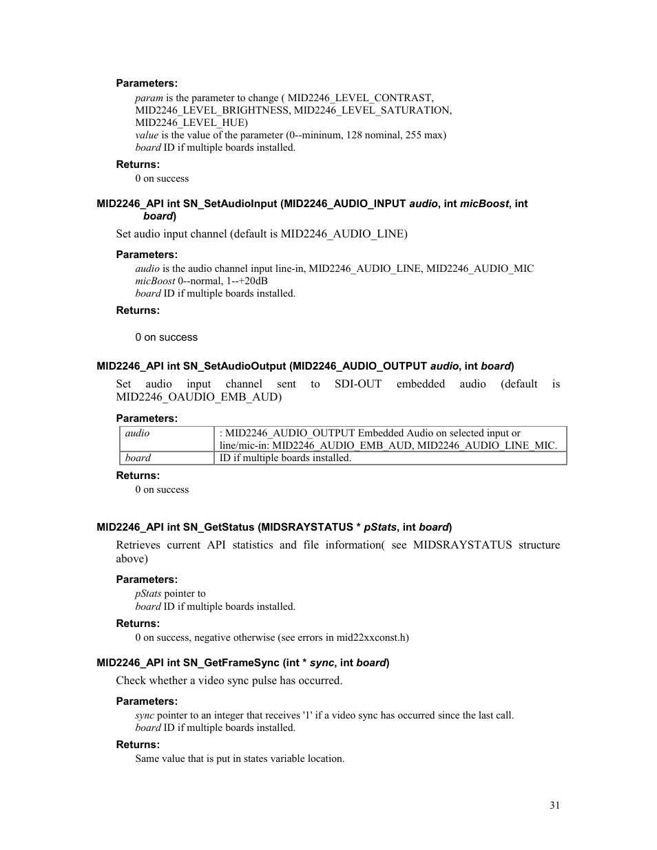 Parameters, Returns, 0 on success | Sensoray 2246 User Manual | Page 31 / 50