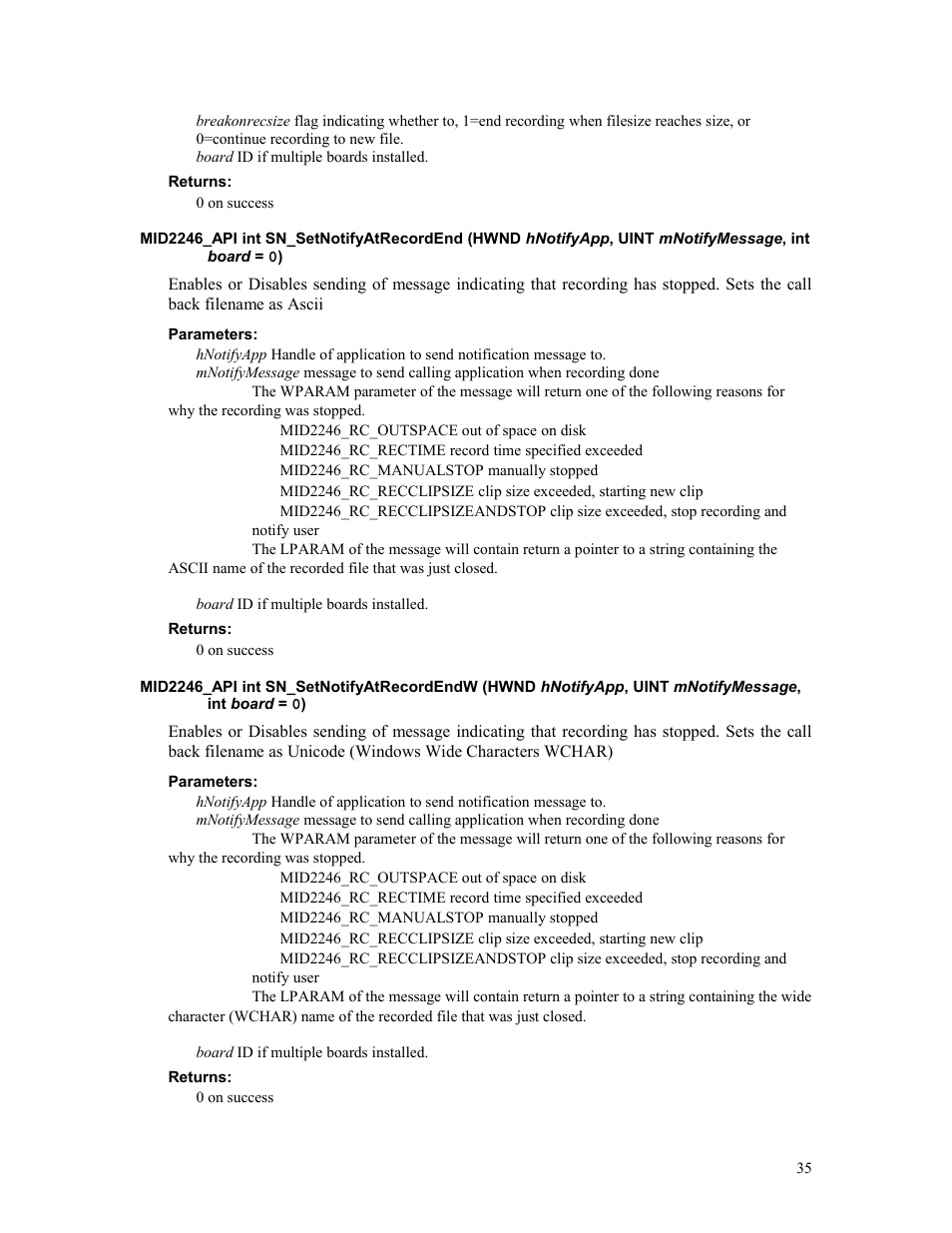 Returns, Parameters | Sensoray 2246 User Manual | Page 35 / 50