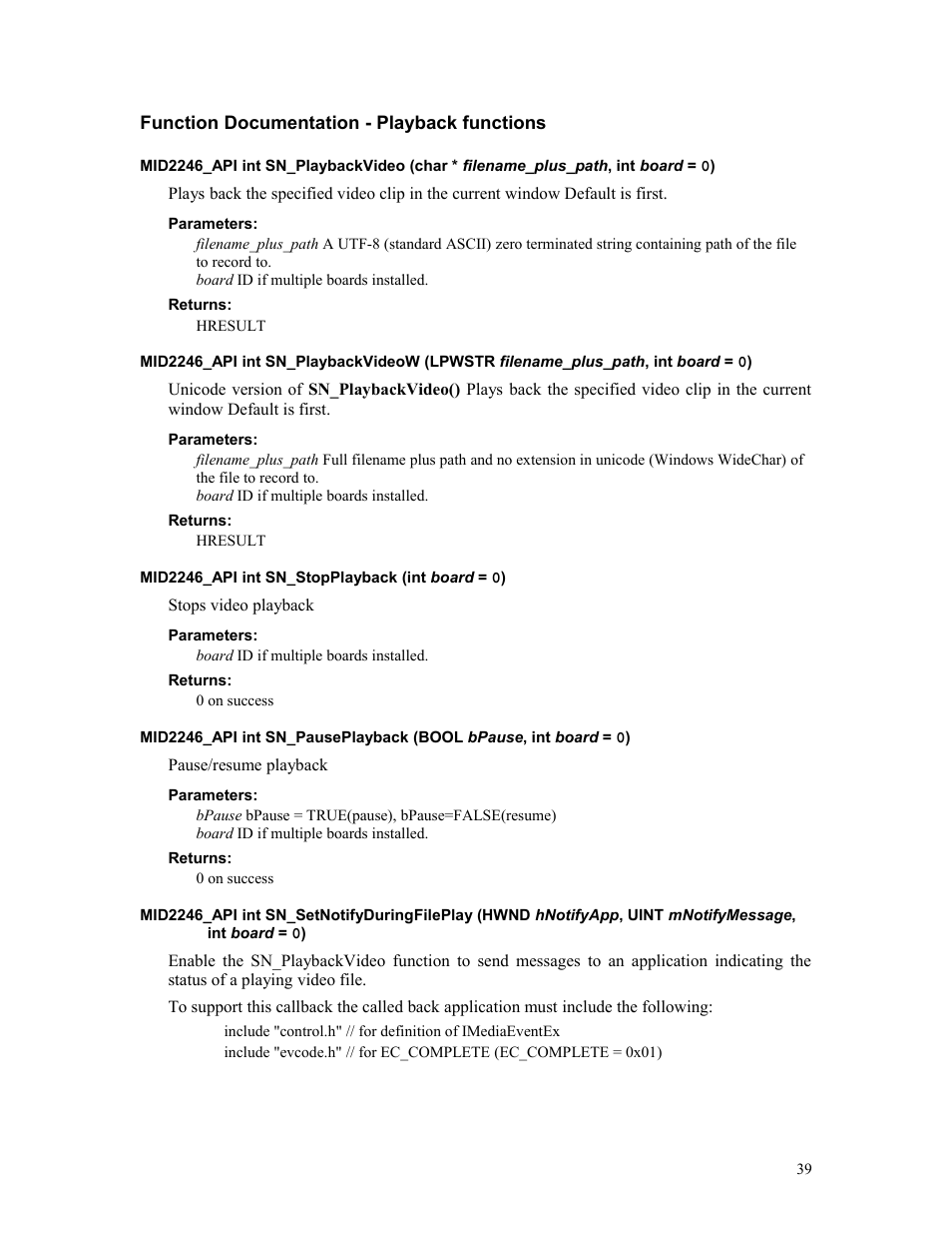 Function documentation - playback functions, Parameters, Returns | Mid2246_api int sn_stopplayback (int board = 0) | Sensoray 2246 User Manual | Page 39 / 50