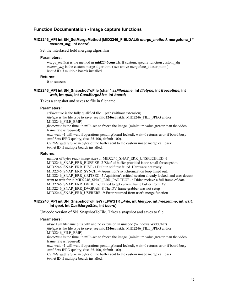 Function documentation - image capture functions, Parameters, Returns | Sensoray 2246 User Manual | Page 42 / 50