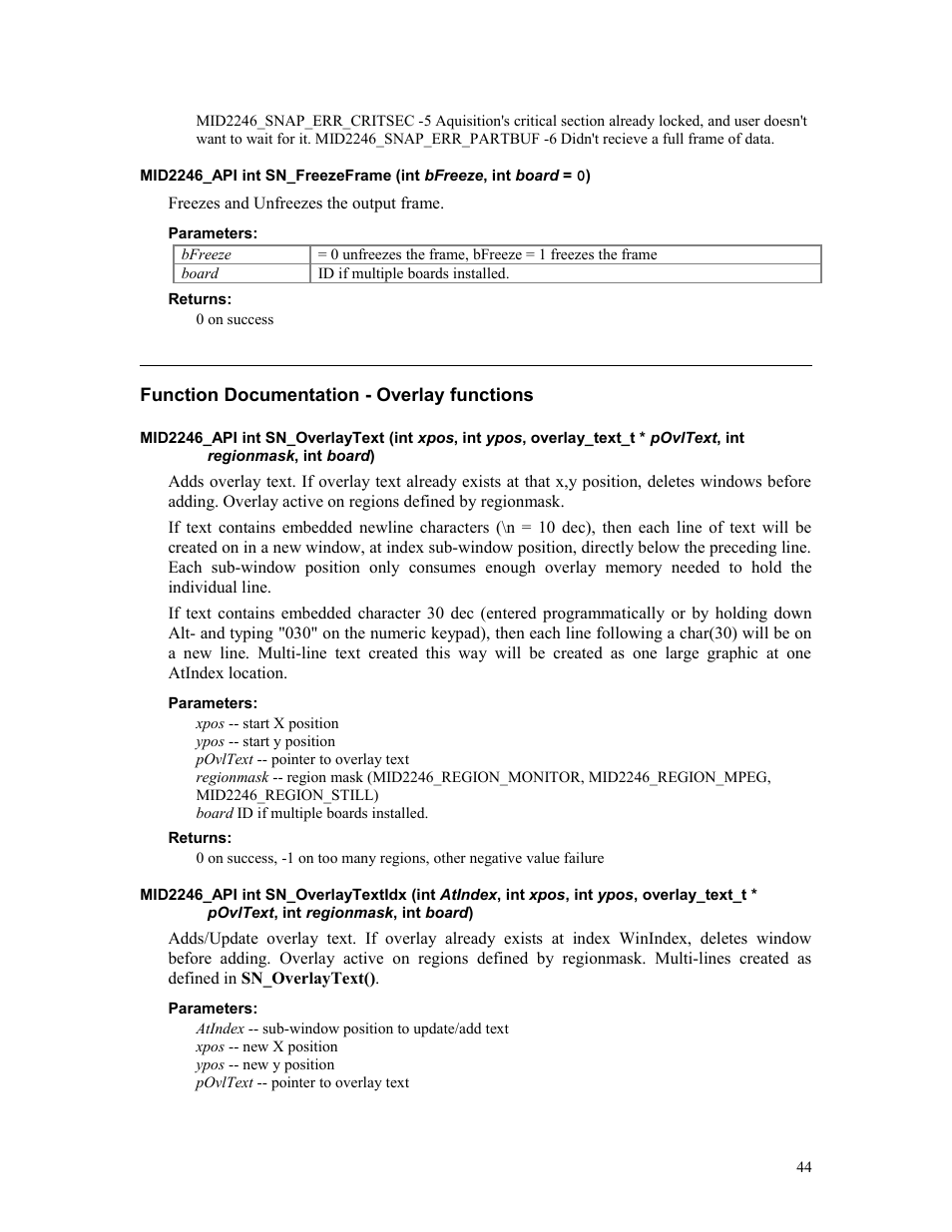 Parameters, Returns, Function documentation - overlay functions | Sensoray 2246 User Manual | Page 44 / 50