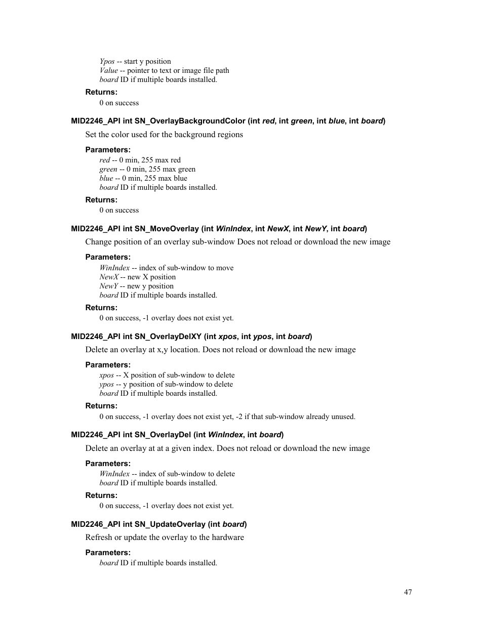 Returns, Parameters, Mid2246_api int sn_updateoverlay (int board) | Sensoray 2246 User Manual | Page 47 / 50