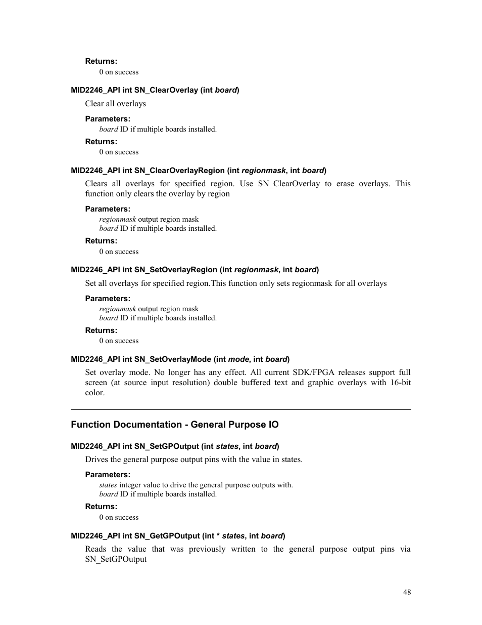 Returns, Mid2246_api int sn_clearoverlay (int board), Parameters | Function documentation - general purpose io | Sensoray 2246 User Manual | Page 48 / 50