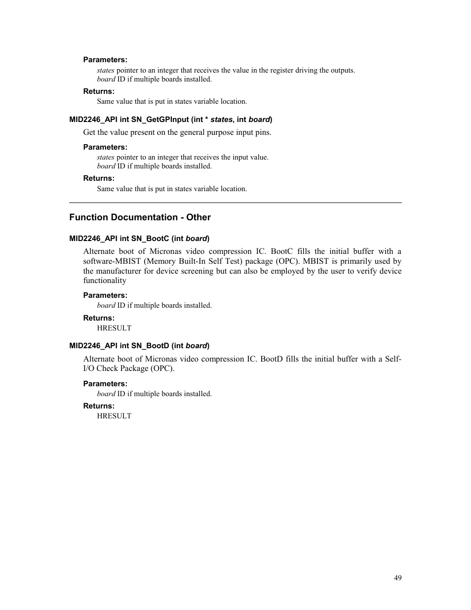 Parameters, Returns, Function documentation - other | Mid2246_api int sn_bootc (int board), Mid2246_api int sn_bootd (int board) | Sensoray 2246 User Manual | Page 49 / 50