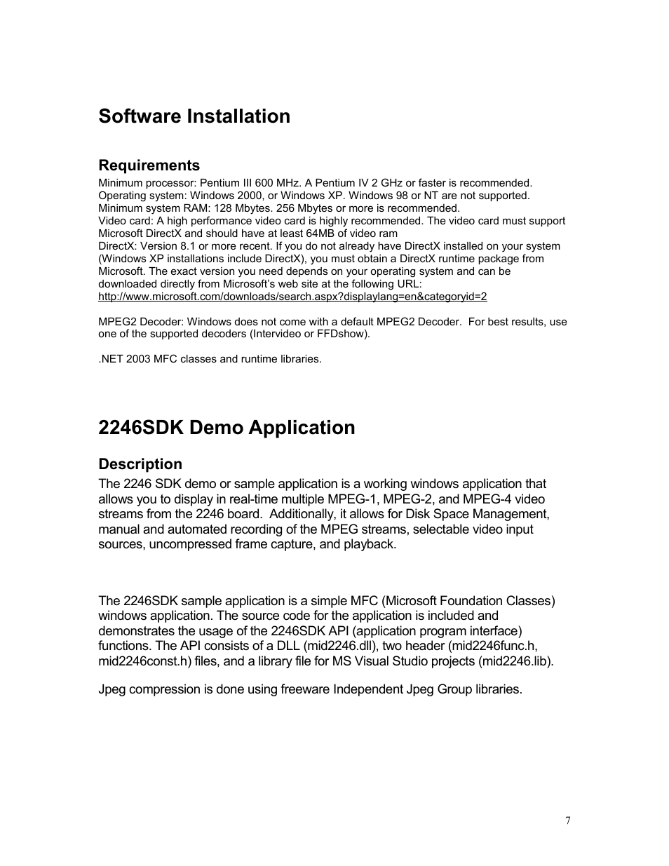 Software installation, Requirements, 2246sdk demo application | Description | Sensoray 2246 User Manual | Page 7 / 50