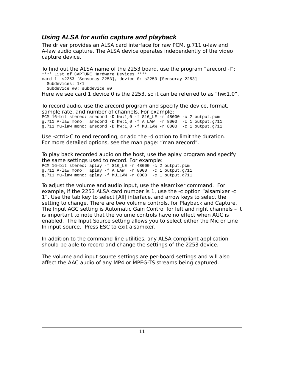 Using alsa for audio capture and playback | Sensoray 2253 Linux User Manual | Page 11 / 36