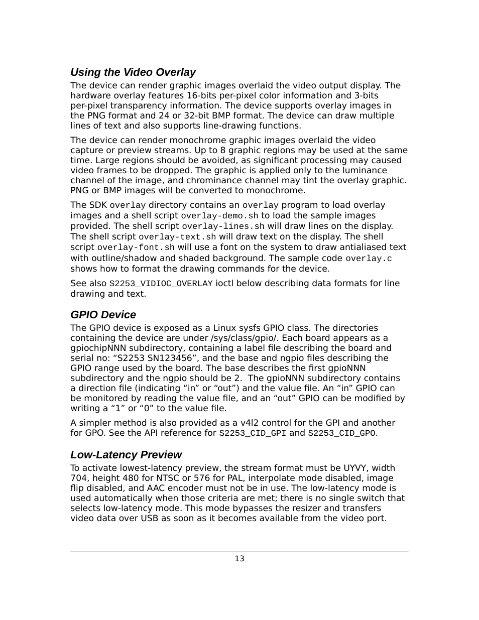 Using the video overlay, Gpio device, Low-latency preview | Sensoray 2253 Linux User Manual | Page 13 / 36