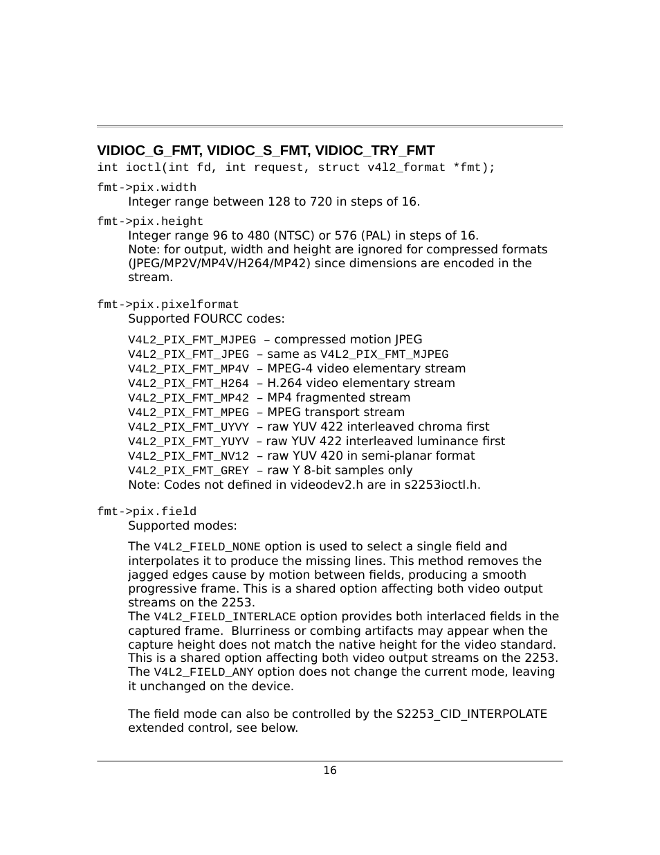 Vidioc_g_fmt, vidioc_s_fmt, vidioc_try_fmt | Sensoray 2253 Linux User Manual | Page 16 / 36