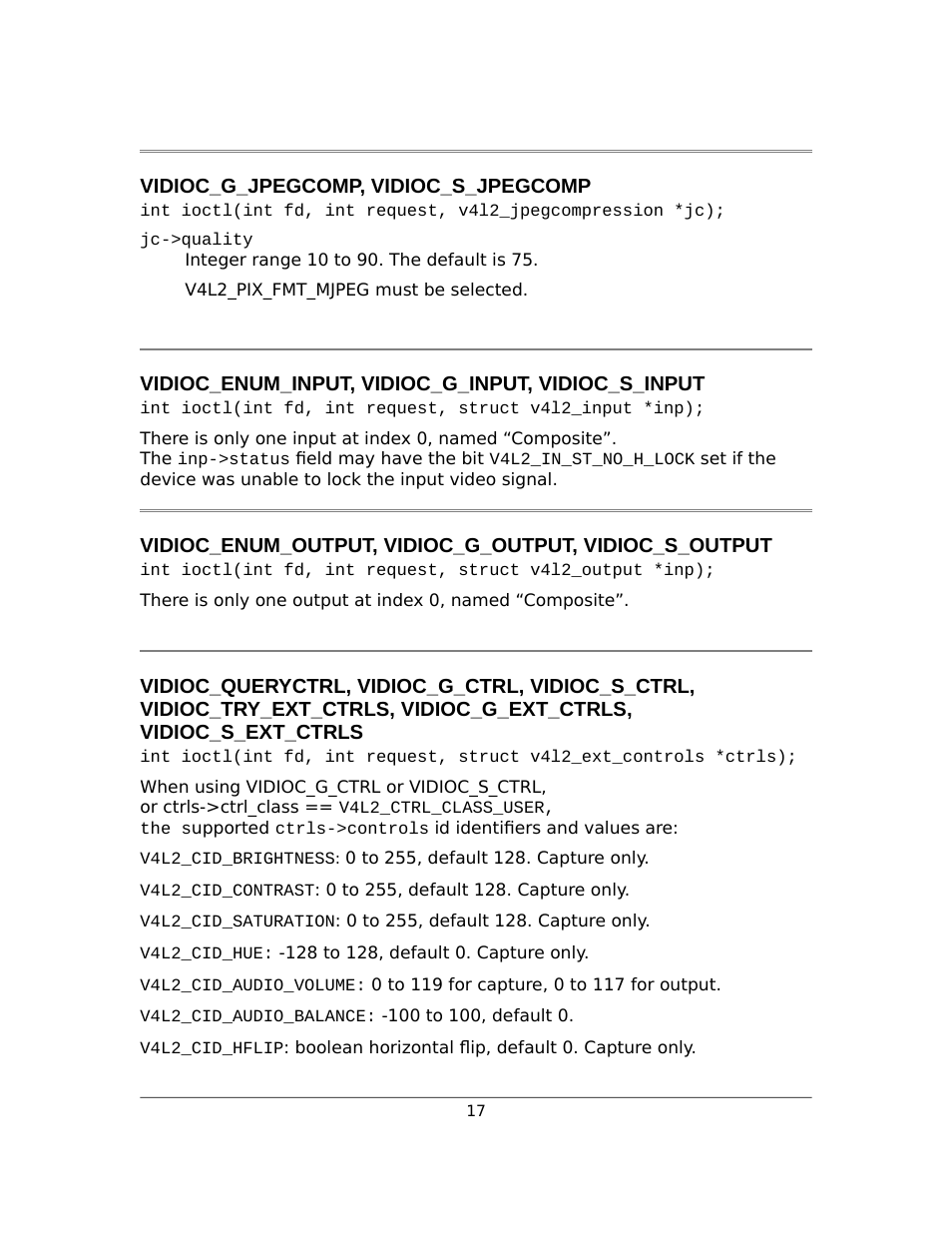 Vidioc_g_jpegcomp, vidioc_s_jpegcomp, Vidioc_enum_input, vidioc_g_input, vidioc_s_input | Sensoray 2253 Linux User Manual | Page 17 / 36