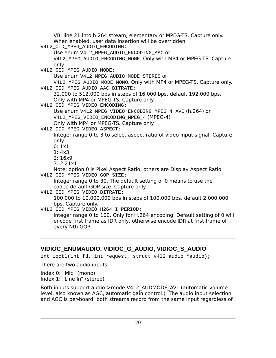 Vidioc_enumaudio, vidioc_g_audio, vidioc_s_audio | Sensoray 2253 Linux User Manual | Page 20 / 36