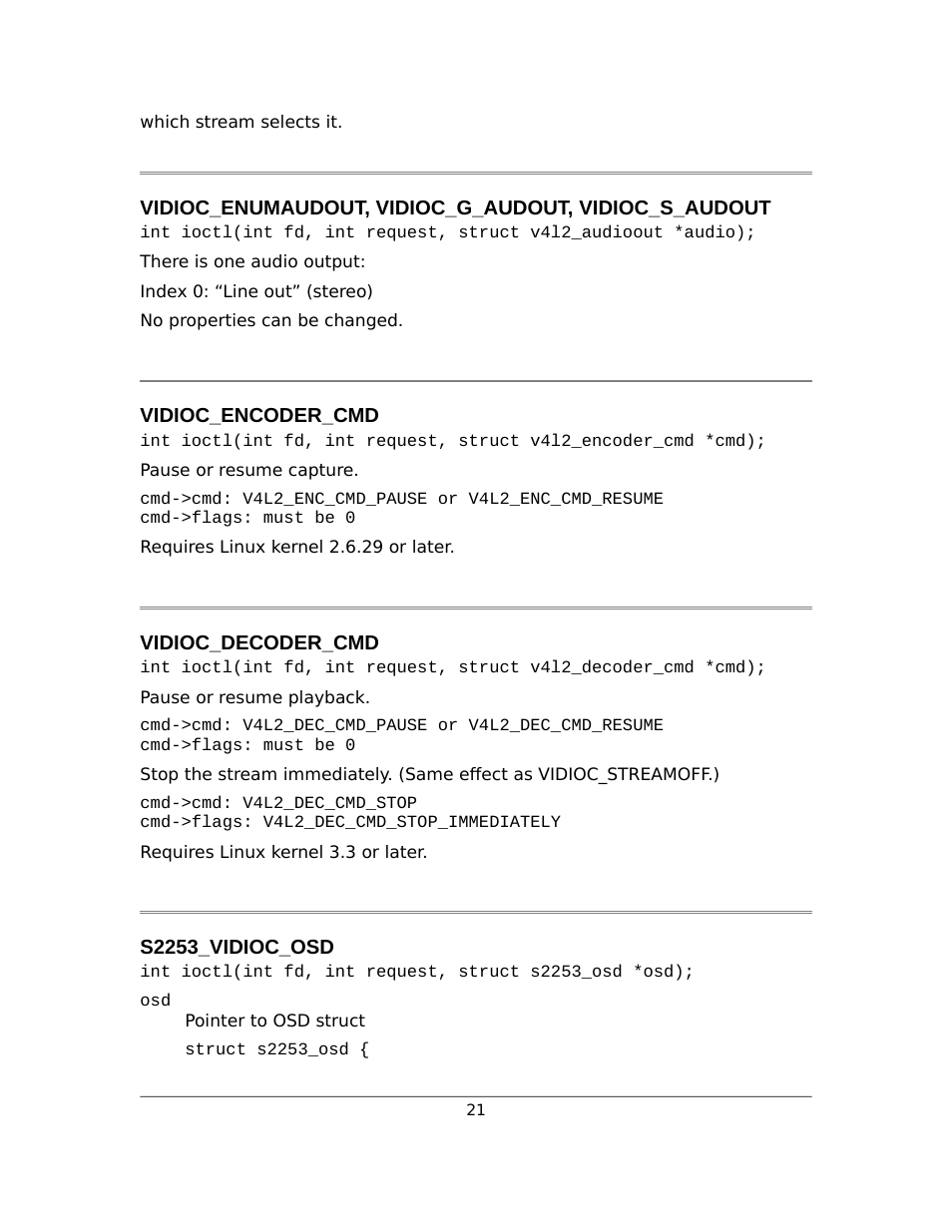 Vidioc_encoder_cmd, Vidioc_decoder_cmd, S2253_vidioc_osd | Sensoray 2253 Linux User Manual | Page 21 / 36