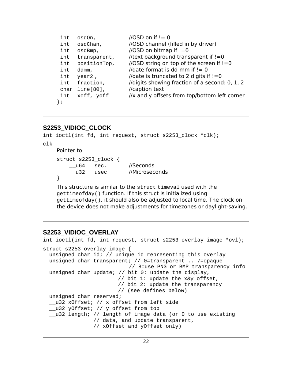 S2253_vidioc_clock, S2253_vidioc_overlay | Sensoray 2253 Linux User Manual | Page 22 / 36