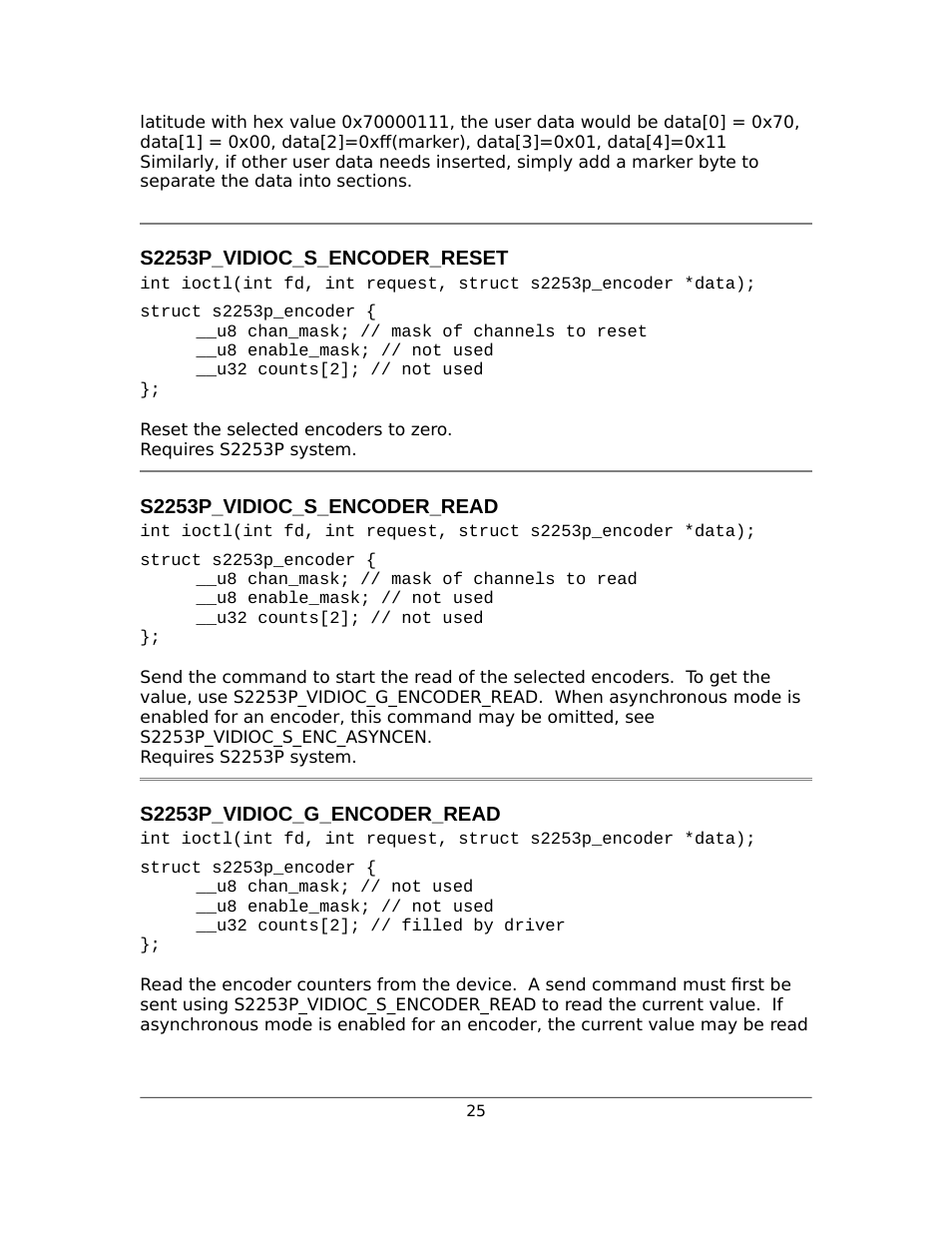 S2253p_vidioc_s_encoder_reset, S2253p_vidioc_s_encoder_read, S2253p_vidioc_g_encoder_read | Sensoray 2253 Linux User Manual | Page 25 / 36