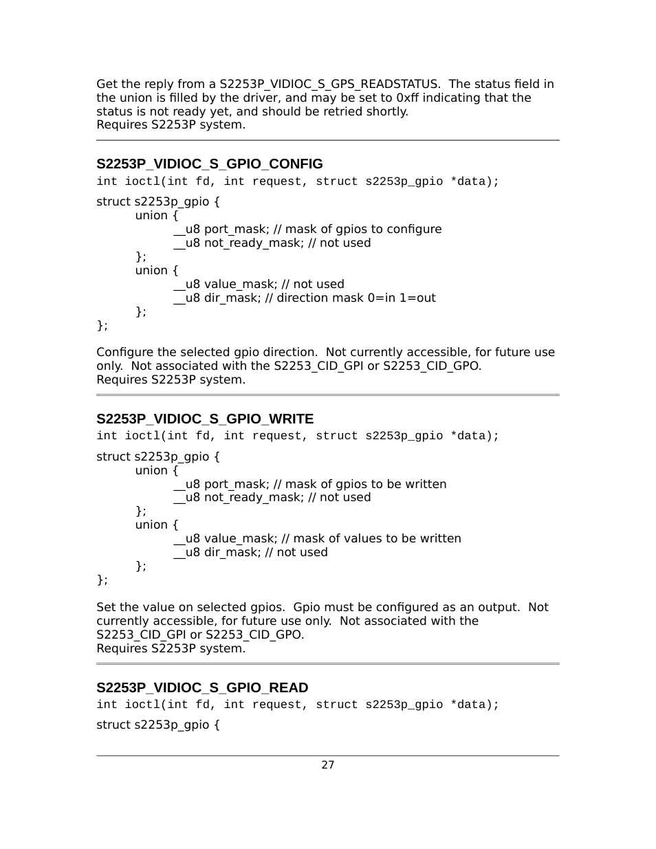 S2253p_vidioc_s_gpio_config, S2253p_vidioc_s_gpio_write, S2253p_vidioc_s_gpio_read | Sensoray 2253 Linux User Manual | Page 27 / 36