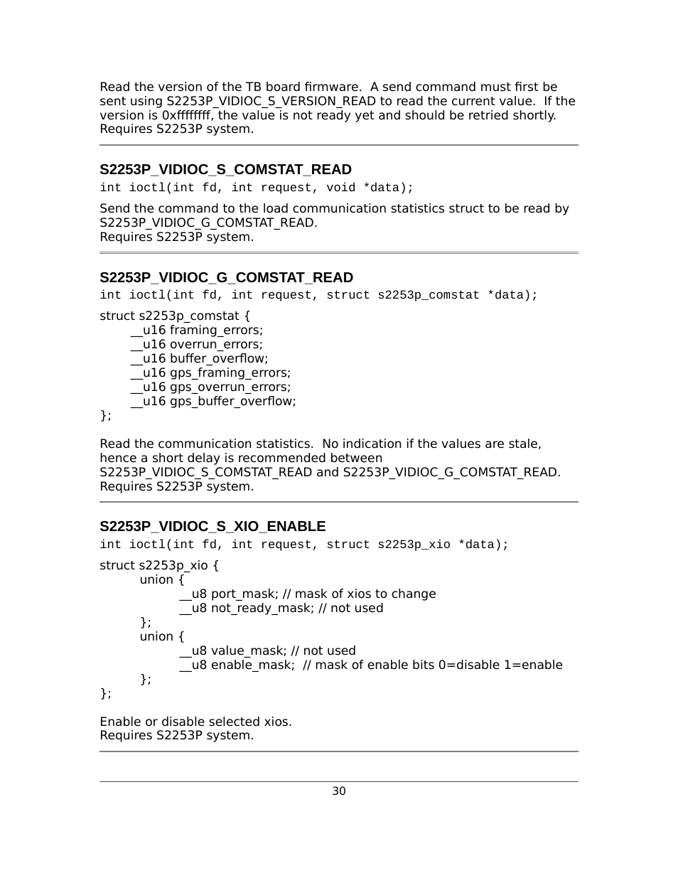 S2253p_vidioc_s_comstat_read, S2253p_vidioc_g_comstat_read, S2253p_vidioc_s_xio_enable | Sensoray 2253 Linux User Manual | Page 30 / 36