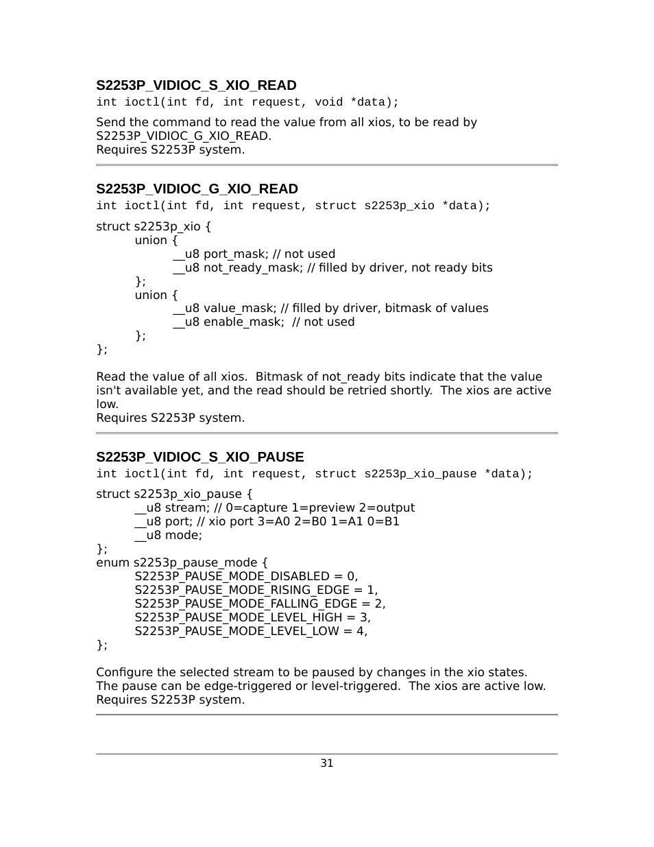 S2253p_vidioc_s_xio_read, S2253p_vidioc_g_xio_read, S2253p_vidioc_s_xio_pause | Sensoray 2253 Linux User Manual | Page 31 / 36
