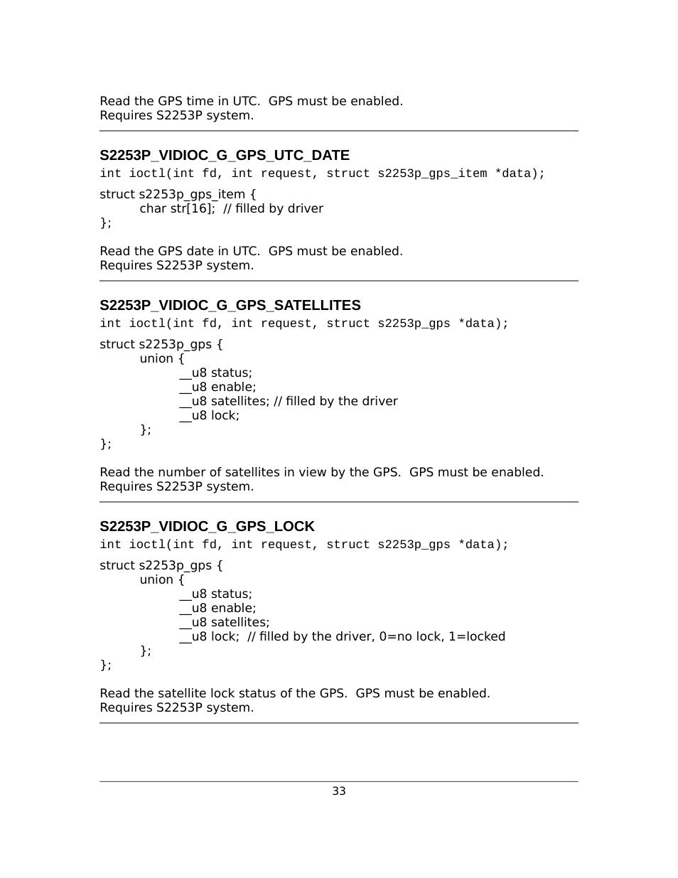 S2253p_vidioc_g_gps_utc_date, S2253p_vidioc_g_gps_satellites, S2253p_vidioc_g_gps_lock | Sensoray 2253 Linux User Manual | Page 33 / 36