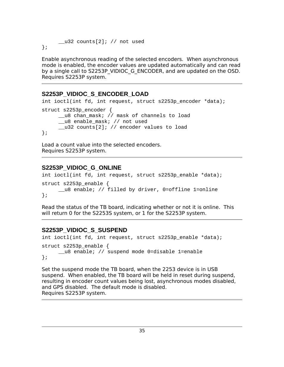 S2253p_vidioc_s_encoder_load, S2253p_vidioc_g_online, S2253p_vidioc_s_suspend | Sensoray 2253 Linux User Manual | Page 35 / 36