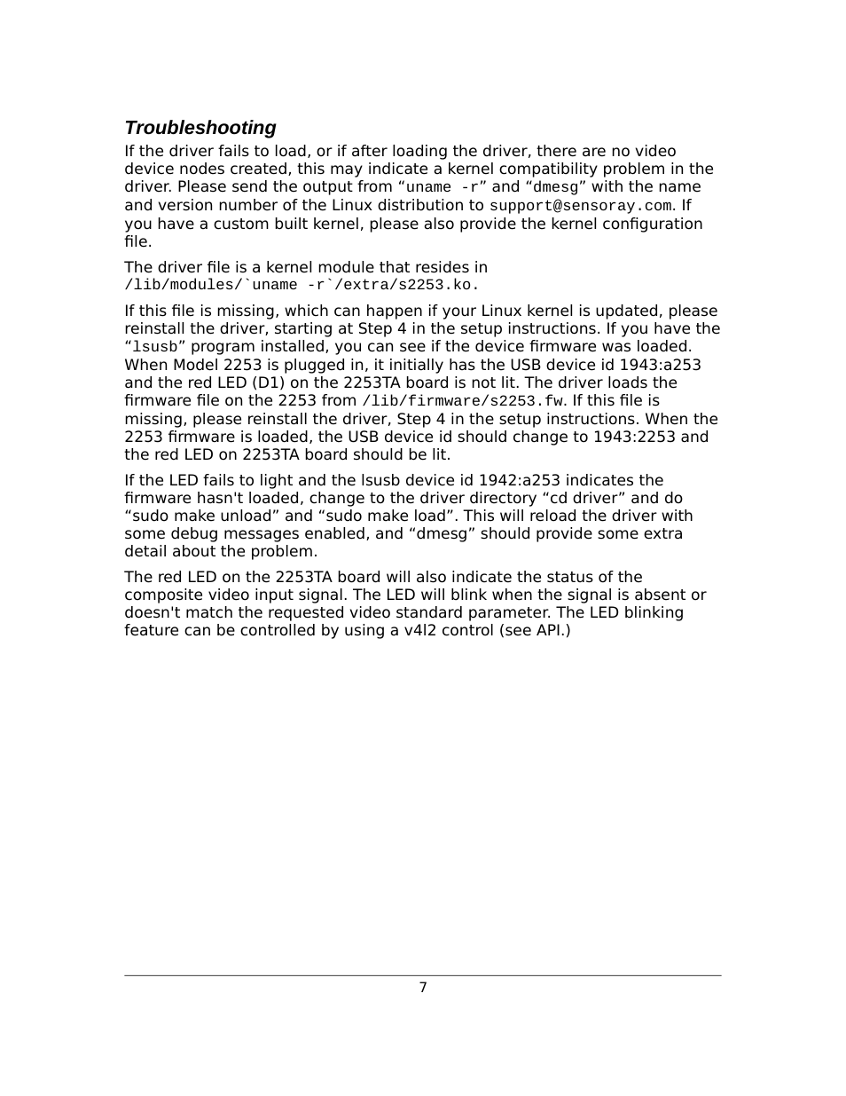 Troubleshooting | Sensoray 2253 Linux User Manual | Page 7 / 36