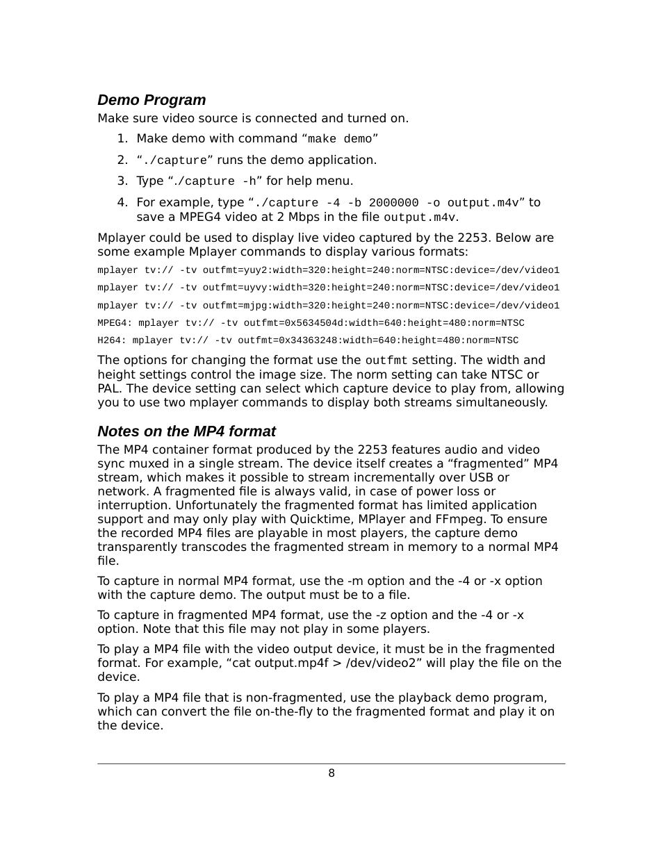 Demo program, Notes on the mp4 format | Sensoray 2253 Linux User Manual | Page 8 / 36