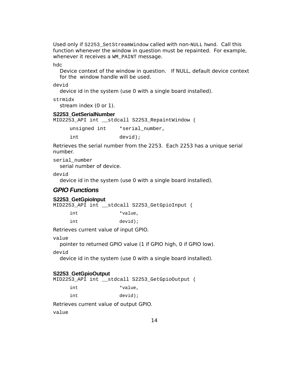 S2253_getserialnumber, Gpio functions, S2253_getgpioinput | S2253_getgpiooutput | Sensoray 2253 Windows User Manual | Page 14 / 60