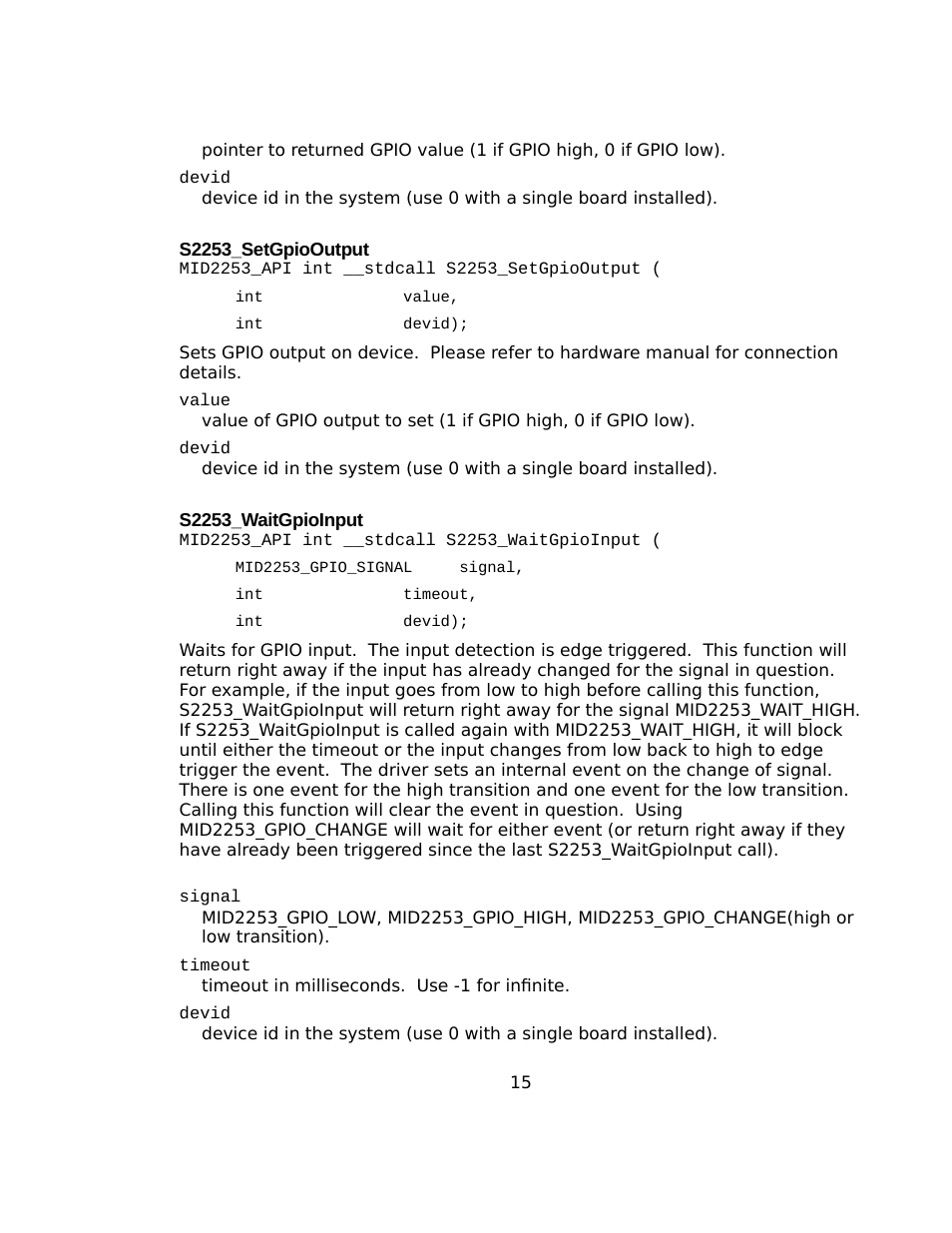 S2253_setgpiooutput, S2253_waitgpioinput | Sensoray 2253 Windows User Manual | Page 15 / 60