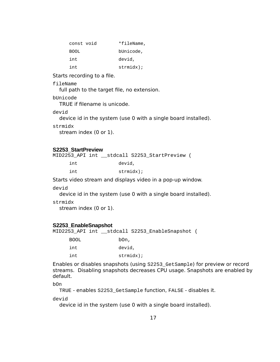 S2253_startpreview, S2253_enablesnapshot | Sensoray 2253 Windows User Manual | Page 17 / 60