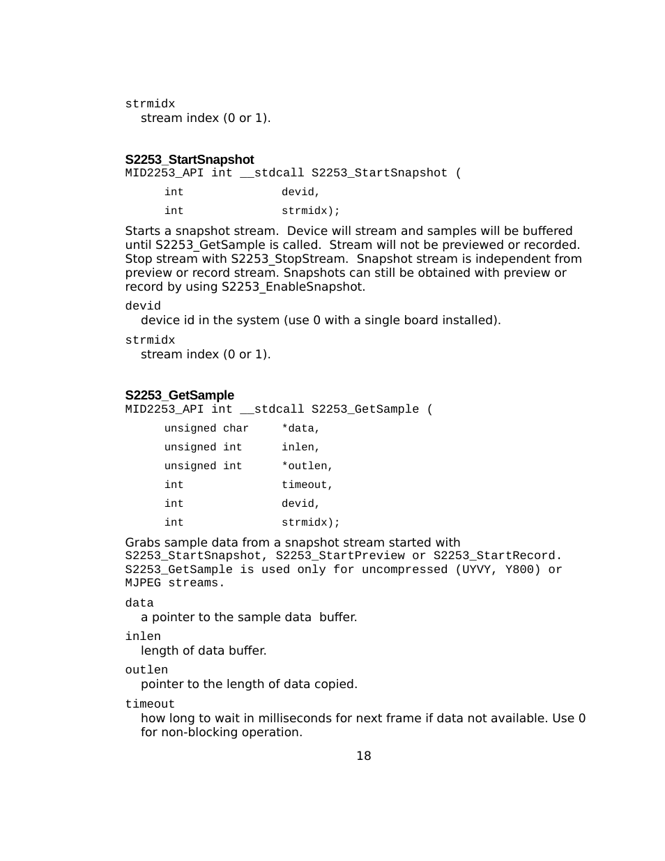 S2253_startsnapshot, S2253_getsample | Sensoray 2253 Windows User Manual | Page 18 / 60