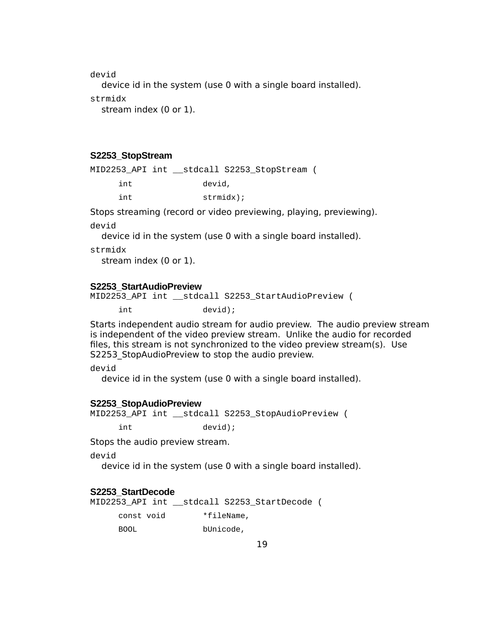 S2253_stopstream, S2253_startaudiopreview, S2253_stopaudiopreview | S2253_startdecode | Sensoray 2253 Windows User Manual | Page 19 / 60