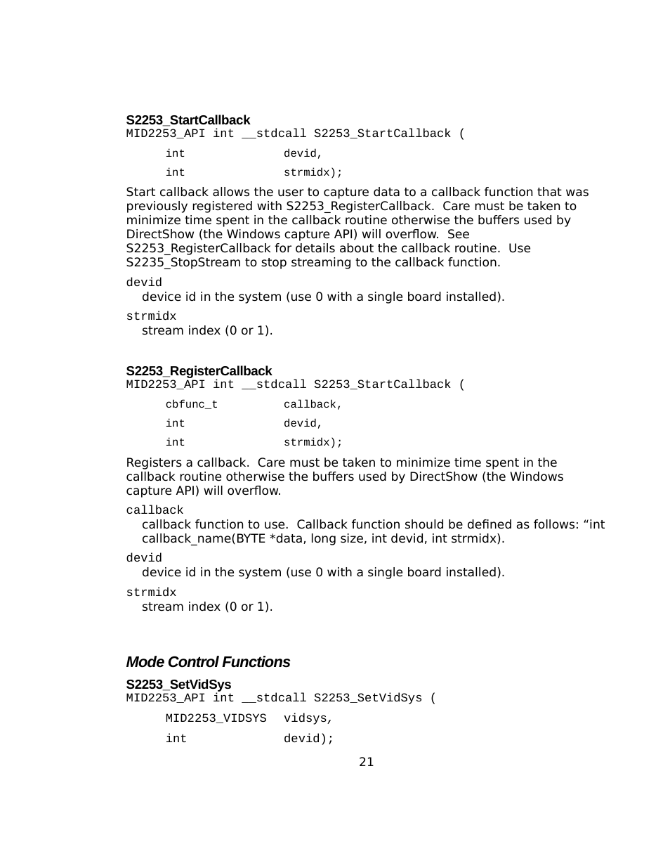 S2253_startcallback, S2253_registercallback, Mode control functions | S2253_setvidsys | Sensoray 2253 Windows User Manual | Page 21 / 60