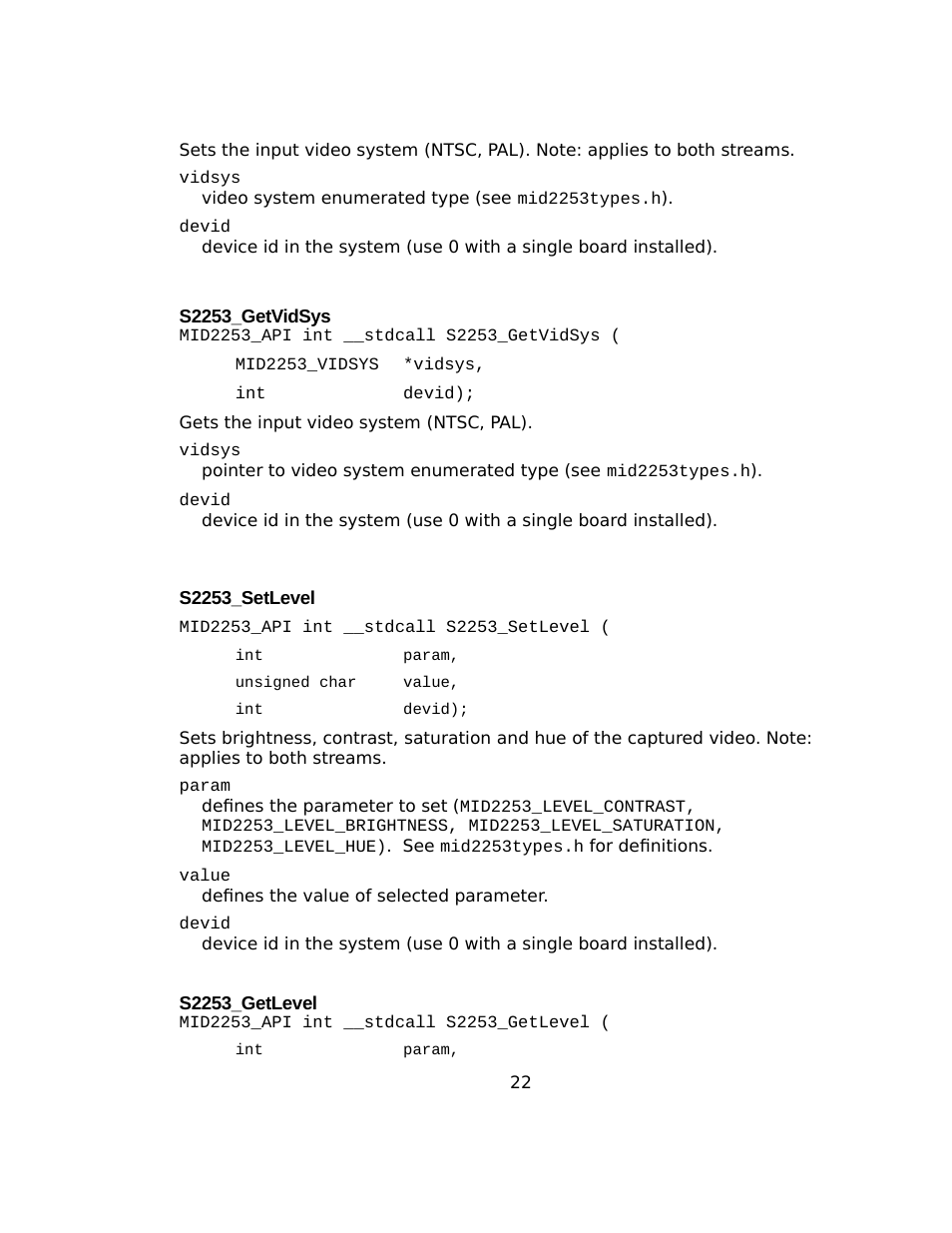 S2253_getvidsys, S2253_setlevel, S2253_getlevel | Sensoray 2253 Windows User Manual | Page 22 / 60